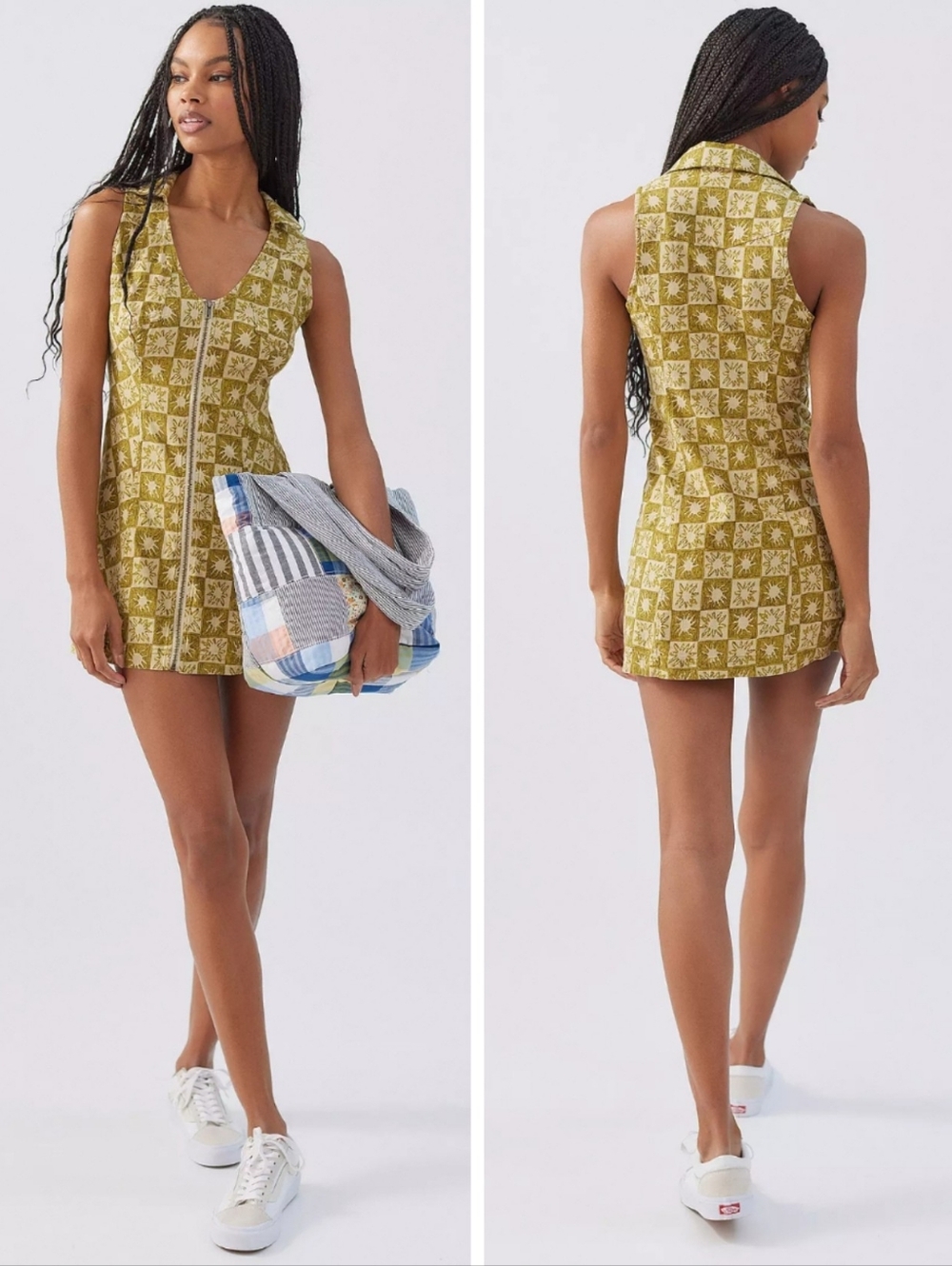 Urban Outfitters Freya Sunshine Collared Zip Mini Dress Sz L Linen Blend Green - Picture 3 of 12